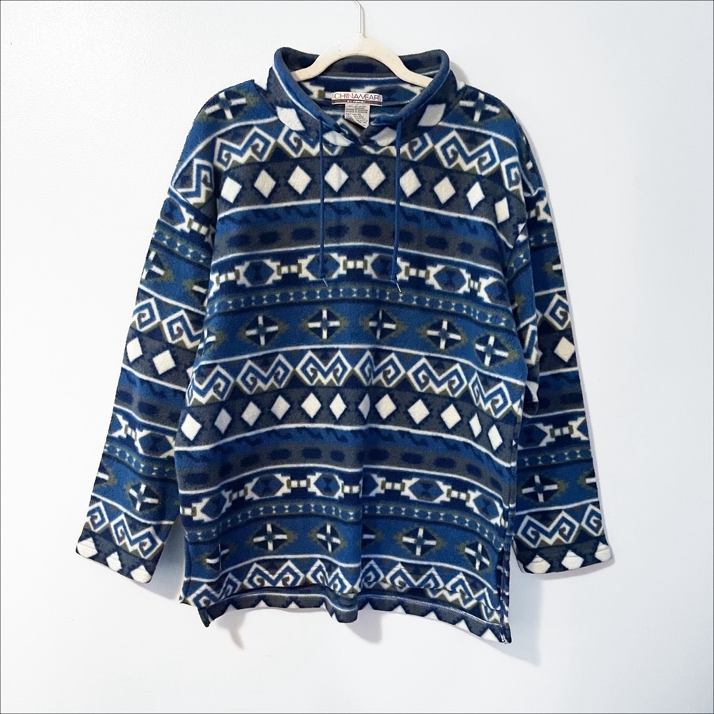 Vintage 90s | Blue Geometric Patterned Fleece Pullover